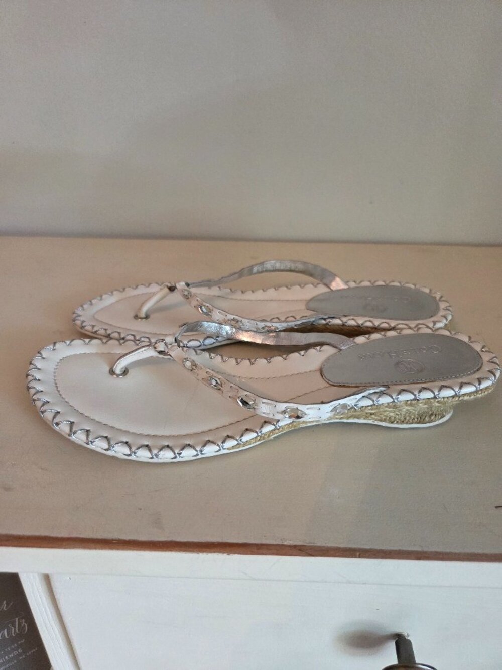 Cole Haan crystal embellished jute heel thongs